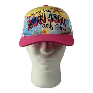 Ron Jon Surf Shop Trucker Hat Adjustable Pink White Yellow Flamingo Beach Mesh
